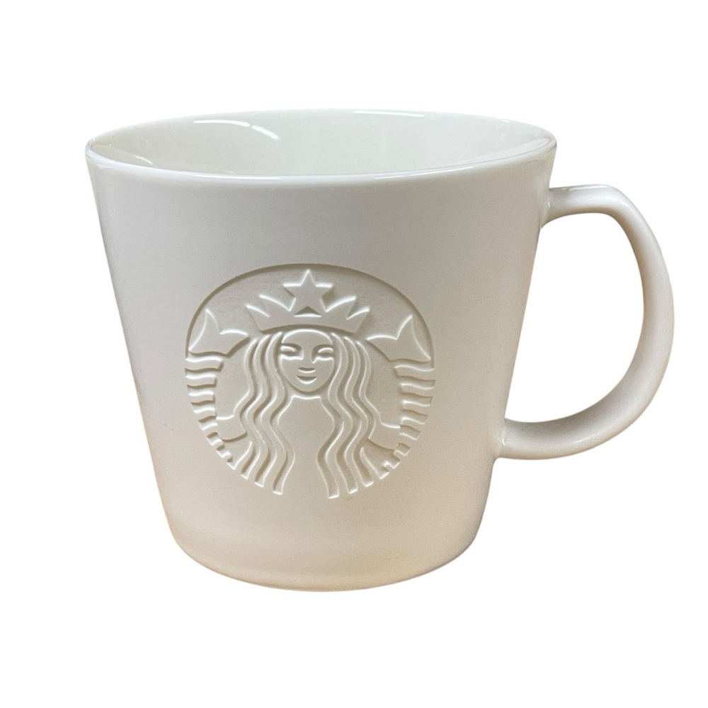 STARBUCKS matte Ivory Embossed/Etched siren logo mug 2015